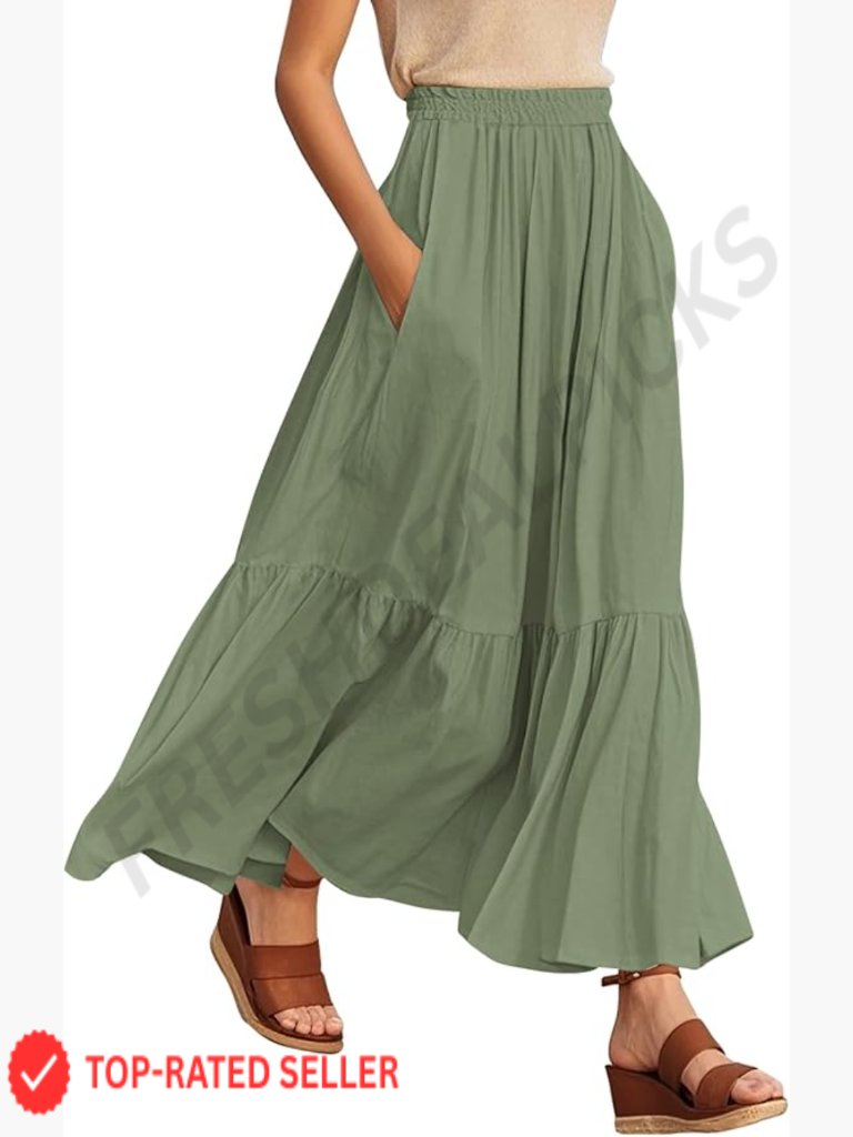 Boho Flowy Maxi Skirt A-Line Elastic Waist With Pockets Summer Beach Wear